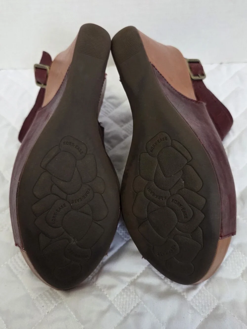 Kork-Ease Leather Wedge Platform Open Toe Ankle Strap Heels Burgundy 8